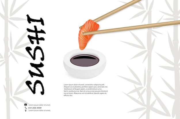 Design de sushi realista vetorial fatia de salmão com molho e varas de bambu design de menu de restaurante