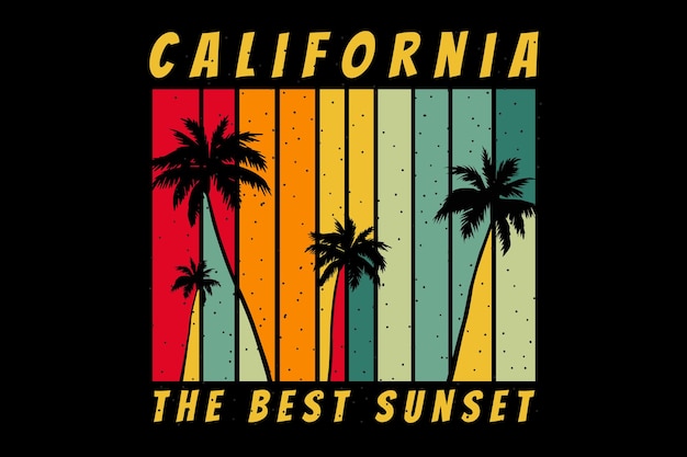 Design de t-shirt com a árvore do pôr do sol na praia da califórnia em estilo retro