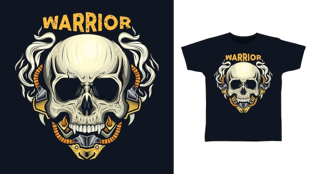 Design de t-shirt vetorial detalhado de cabeça de caveira ciborgue guerreiro