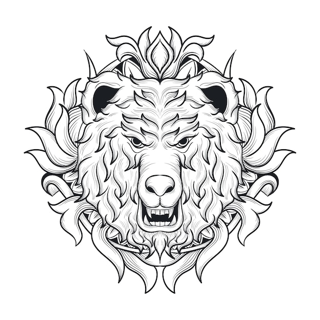 Design de tatuagem e camiseta preto e branco desenhado à mão ornamento de gravura de cabeça de urso