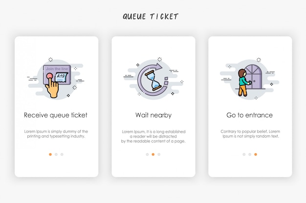 Vetor design de telas integradas no conceito de ticket de fila de recebimento. como receber fila.