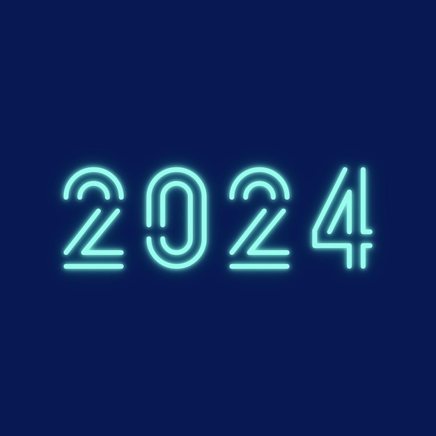 Vetor design de texto vetorial feliz ano novo 2024 com estilo de linha minimalista em cores neon brilhantes