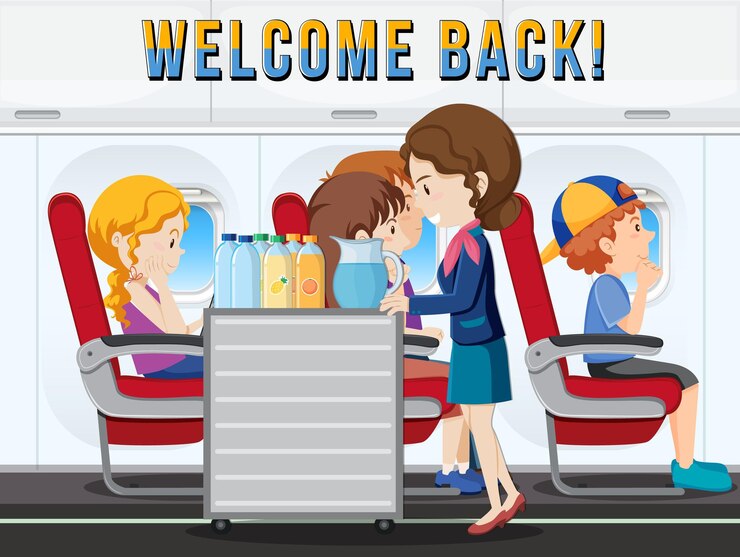 Vetor design de tipografia welcome back com passageiros a bordo
