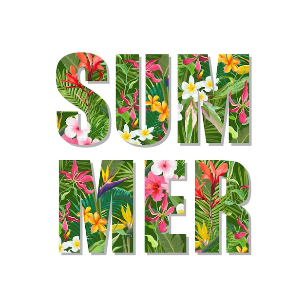 Design de verão exótico. Fundo de folhas e flores tropicais ... Gráfico de moda de t-shirt.