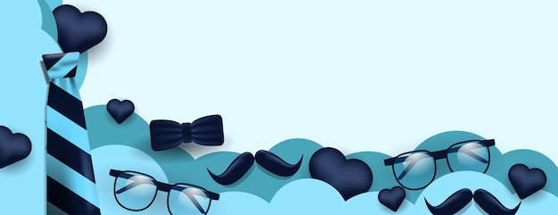 Design de vetor de banner do dia dos pais com óculos de bigode de gravata e ilustração em vetor de formas de coração