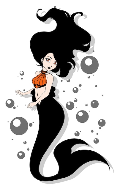 Vetor design de vetor de sereia bonito contorno menina desenhada à mão com cabelo preto e cauda isolado em fundo branco e bolhas modelo para cartão de design cartaz de loja de notebook