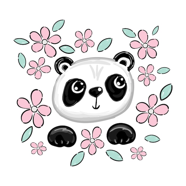 Design de vetor de urso panda fofo estampa animal com padrão de flores para camiseta