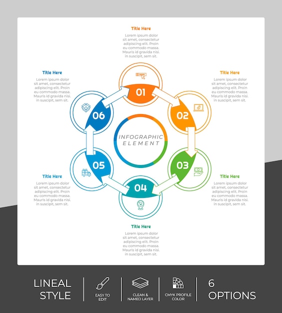 Design de vetor infográfico de opção de círculo com 6 opções de estilo colorido para fins de apresentação infográfico de opção de linha pode ser usado para negócios e marketing