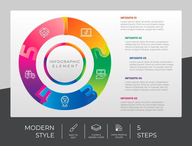 Vetor design de vetor infográfico de passo de círculo com 5 opções de estilo moderno para fins de apresentação infográfico de passo pode ser usado para negócios e marketing