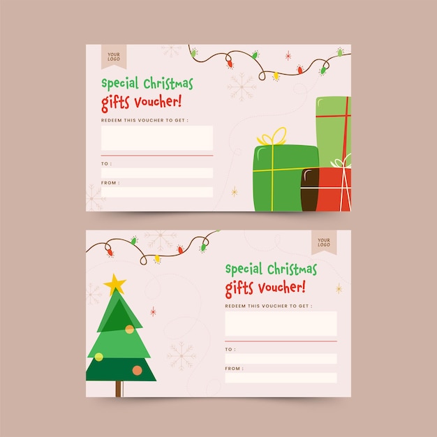 Design de voucher de presente de Natal com árvore de Natal, caixas de presente em duas opções.