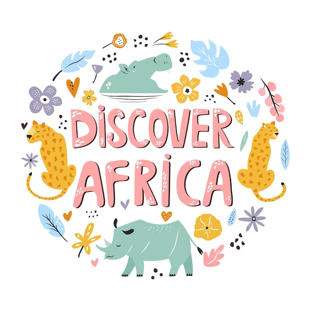 Design desenhado à mão descubra a áfrica com animais e elementos decorativos