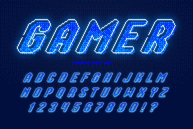 Vetor design dinâmico de alfabeto de néon de pixel estilizado como em jogos de 8 bits