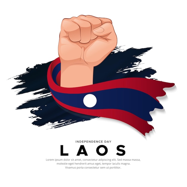 Design do dia da independência do laos com a mão segurando a bandeira vetor de bandeira ondulada do laos