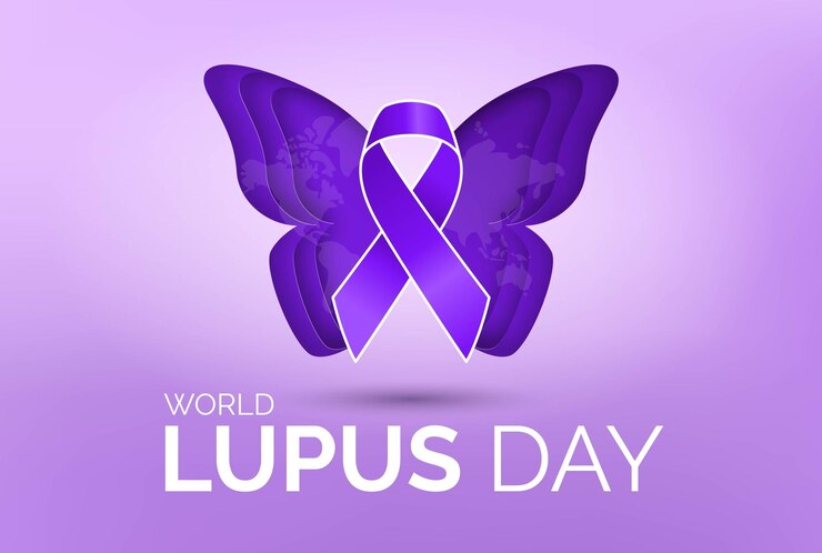 Design do Dia Mundial do Lúpus com fita roxa e borboleta para conscientização da autoimunidade crônica