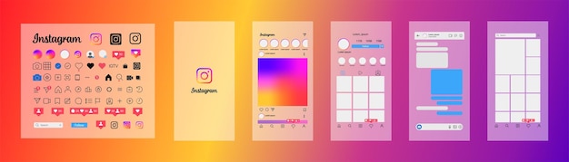 Design do Instagram Defina a mídia social da tela do instagram e o modelo de interface de rede social Moldura para fotos do Instagram Histórias curtidas stream Glassmorphism Editorial vector