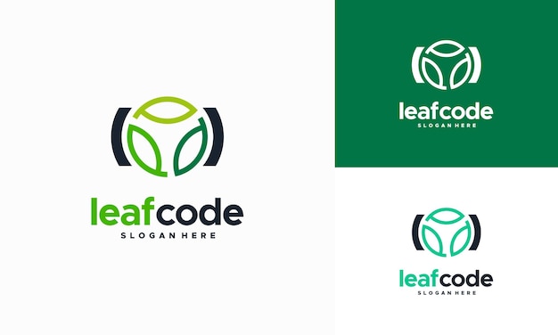 Design do logotipo da folha código verde. modelo de logotipo de código de programação. vetor de design de modelo de logotipo eco tech