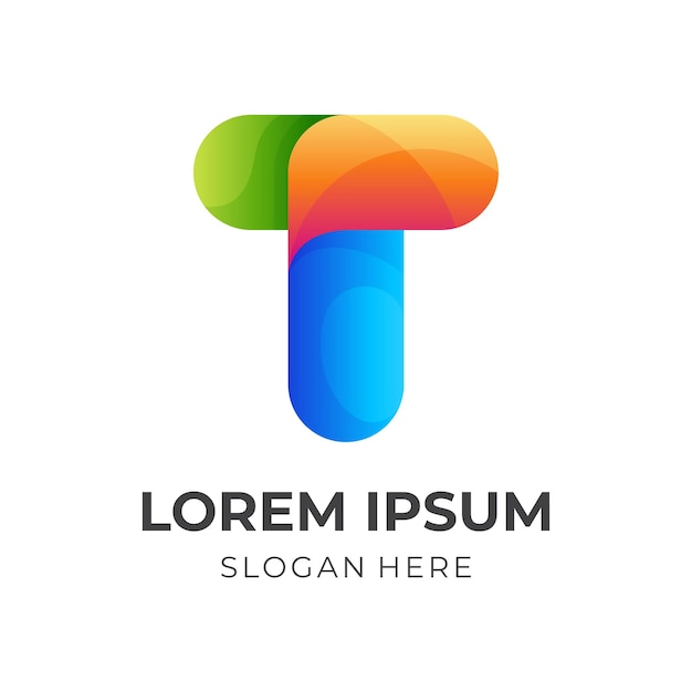 Design do logotipo da letra T com estilo colorido 3D