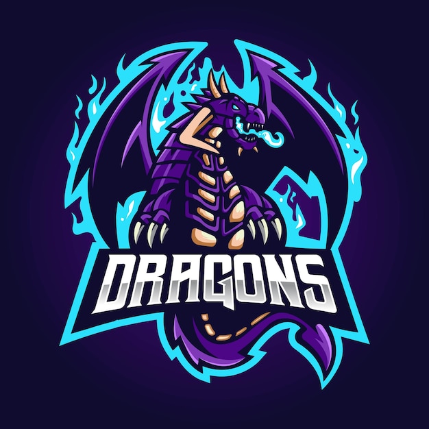 Design do logotipo da mascote do dragão. dragão roxo com chamas azuis