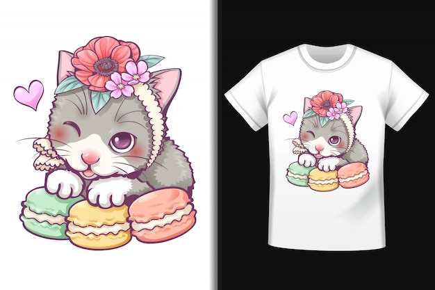 Design doce do macaron do gato no t-shirt