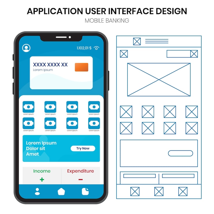 Vetor design e wireframe de interface de usuário móvel de aplicativo bancário