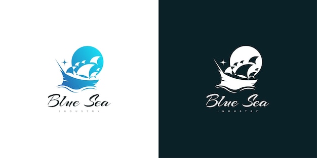 Design elegante de logotipo de navio azul com conceito de espaço negativo logotipo ou ícone de veleiro