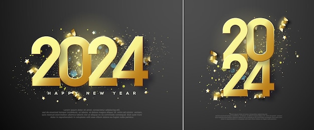 Design elegante Feliz Ano Novo 2024 Ilustração de números de ouro com glitter dourado luxuoso e brilhante Design vetorial premium para saudações e celebração do Feliz Ano Novo 2024