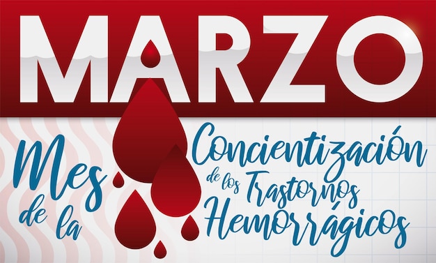 Design em espanhol com gotas de sangue promovendo o mês de conscientização sobre distúrbios hemorrágicos em março