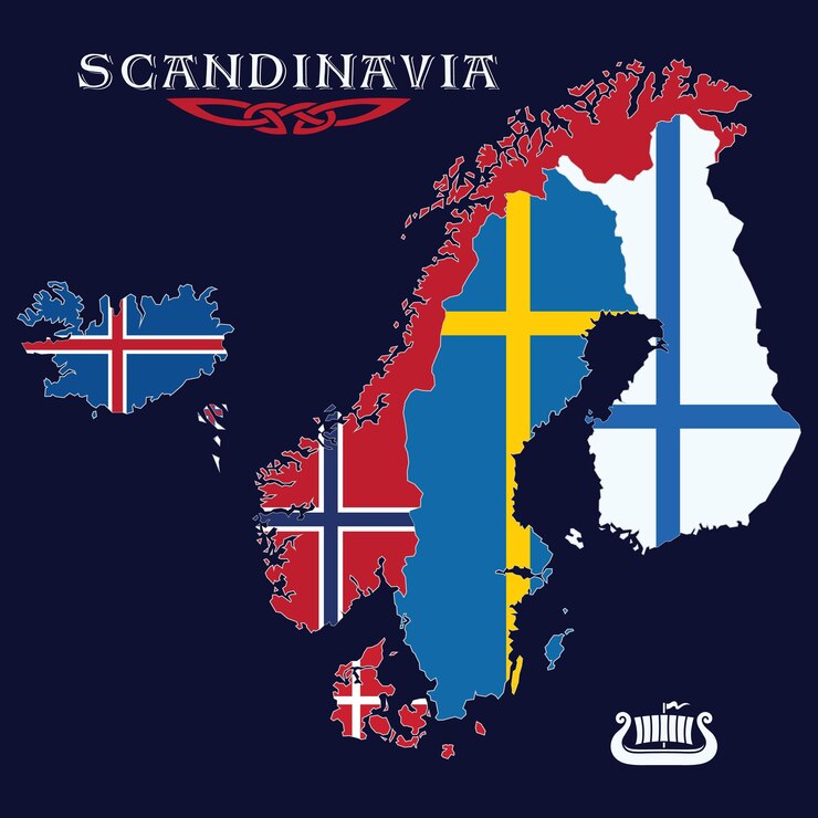 Vetor design em estilo viking mapa dos países escandinavos com bandeiras nacionais