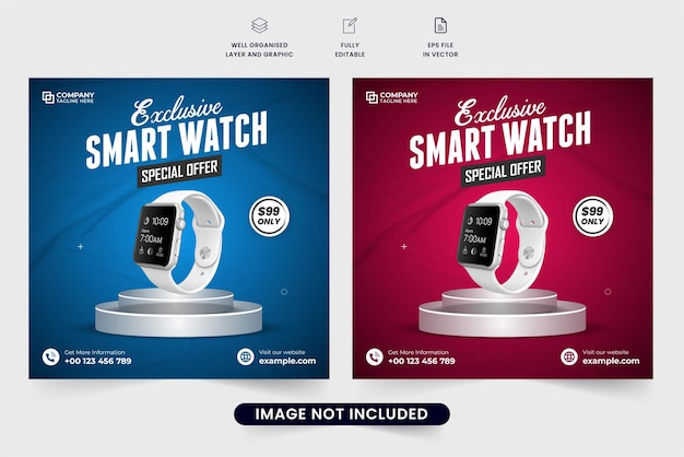 Design exclusivo de banner web promocional de smartwatch com cores vermelhas e azuis modelo de desconto de venda de relógio e gadget para marketing on-line vetor de postagem de mídia social de venda de relógio de pulso