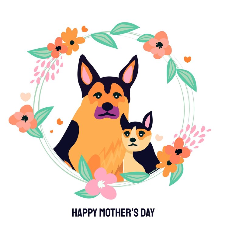 Vetor design feliz do dia das mães com cão pastor alemão e cachorrinho bebê ao seu redor para os amantes de shepeard em todos os lugares primavera verão flor grinalda international pet day