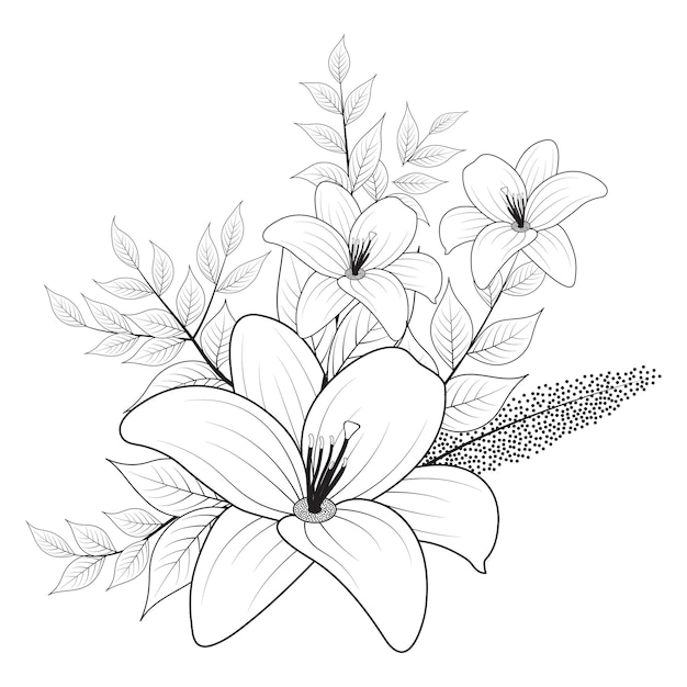 Design floral de flor de lírio em gráficos de ilustração vetorial preto e branco