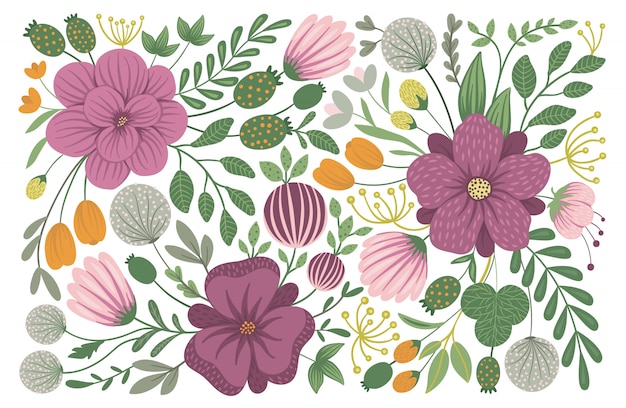 Design floral de vetor. ilustração na moda plana com flores, folhas, galhos. prado, bosques, floresta clip-art.