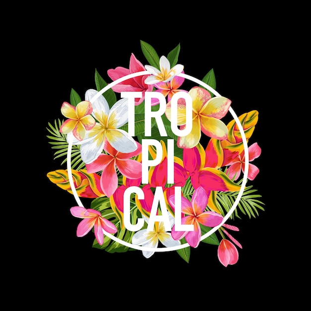 Design floral tropical para t-shirt, impressão em tecido. Cartaz de flores exóticas, fundo, banner. Gráfico tropical das férias na praia. Ilustração vetorial