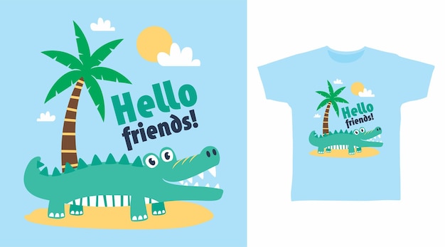 Design fofo de camiseta de praia de crocodilo