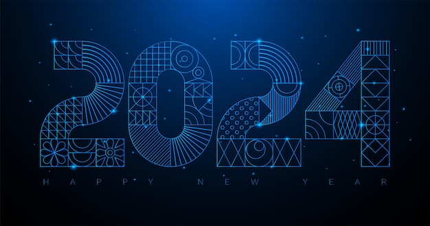 Design geométrico moderno baseado em grade de cartão de ano novo com luz neon azul