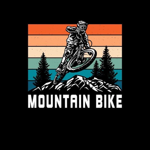 Design gráfico de camiseta de mountain bike, estilo de linha desenhado à mão com cor digital