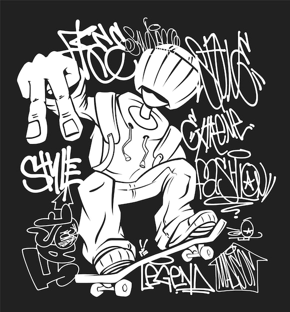 Vetor design gráfico de camiseta de piloto de skate tags graffiti