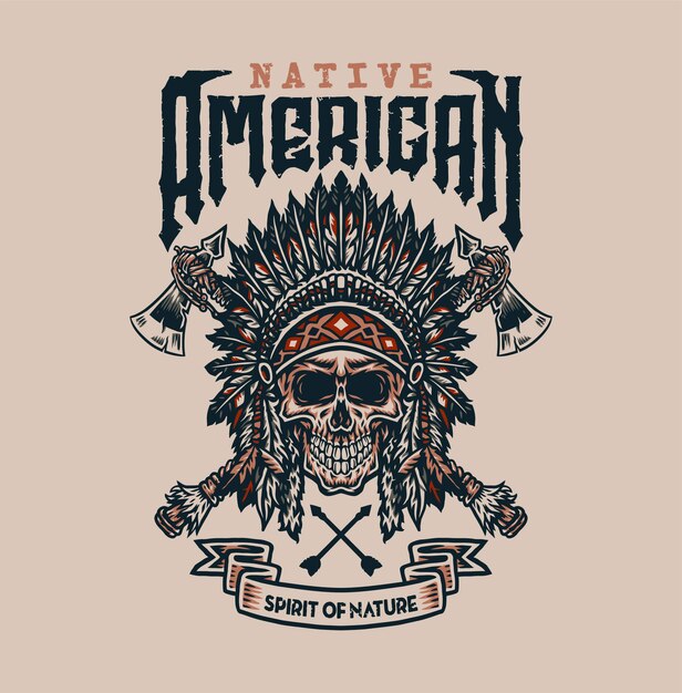 Design gráfico de camisetas nativas americanas, estilo de linha desenhada à mão com cor digital