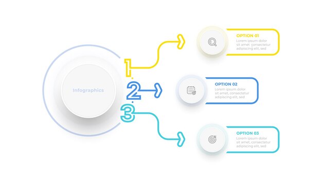 Design gráfico de informações de três círculos com elementos de linha fina. Modelo de negócios para apresentação.