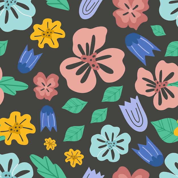 Design gráfico de padrão sem costura minimalista simples de flor para preenchimento de página de impressão têxtil de papel fundo floral com ervas e folhas de flores silvestres desenhadas à mão ilustração vetorial plana