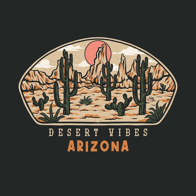 Vetor design gráfico de vibrações do deserto do arizona, estilo de linha desenhado à mão com cor digital, ilustração vetorial