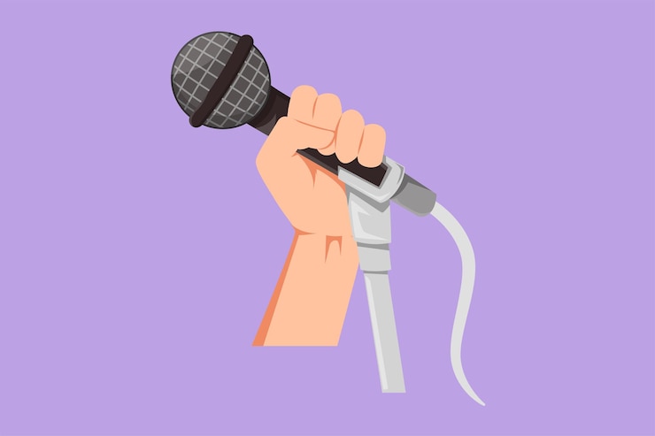Vetor design gráfico plano desenhando a mão estilizada do cantor usando o logotipo do microfone pessoas de karaokê cantam a música para o microfone comediante de pé segurando o microfone na mão ilustração em vetor estilo cartoon