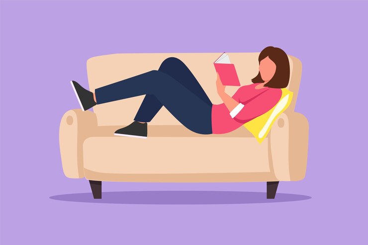 Vetor design gráfico plano desenho jovem linda mulher deitada no sofá e lendo livro em casa livro de leitura feminino auto educação distância estudando conceito relaxante estilo desenho animado vetor ilustração