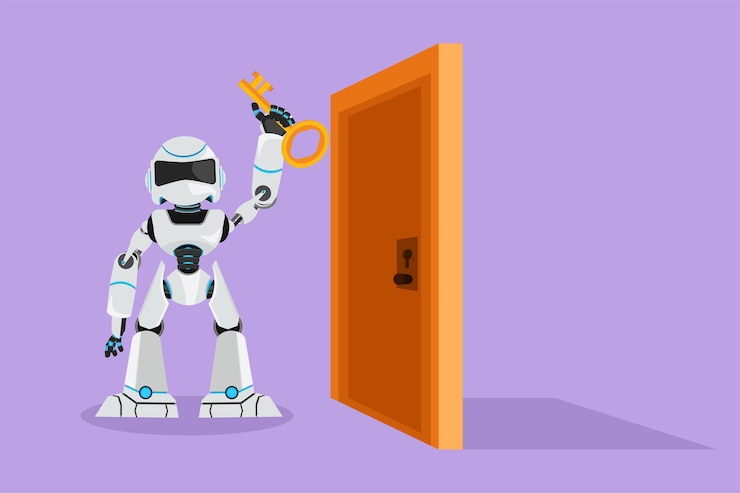 Vetor design gráfico plano desenho robô levantando a chave na frente da porta ciborgue segurando a chave para abrir a porta da sala de fábrica desenvolvimento de tecnologia futura inteligência artificial ilustração em vetor estilo cartoon