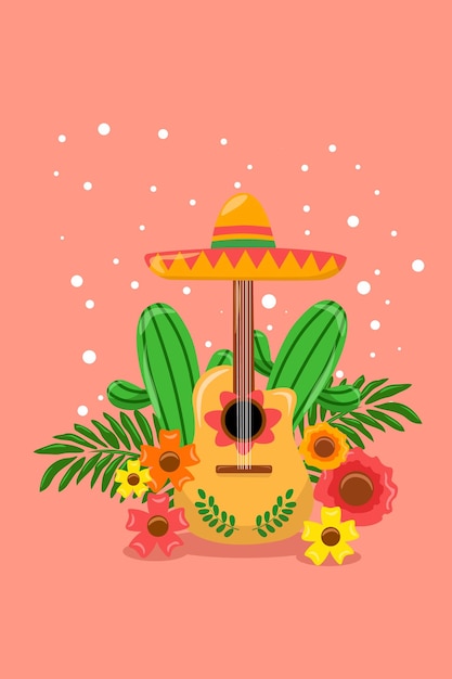 Design guitarra e flores sombrero ilustração plana