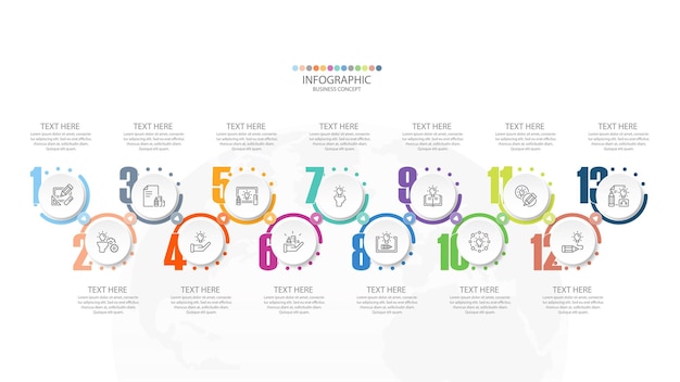 Design infográfico com ícones e 13 opções ou etapas.