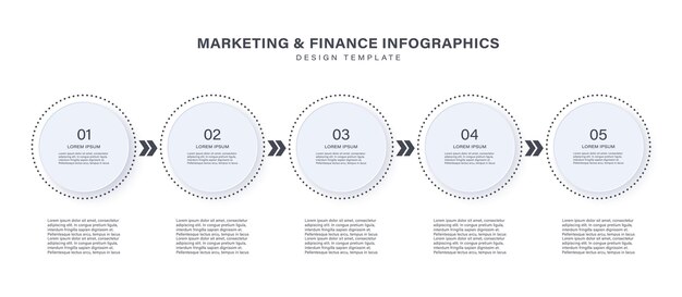 Design infográfico minimalista com 5 elementos de círculo e texto