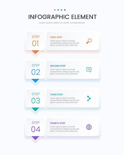 Vetor design infográfico simples com seta 4 etapas com cores brilhantes coloridas