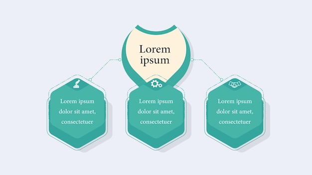 Vetor design infográfico simples e moderno com forma de título de cabeça e 3 hexágonos contém algum texto