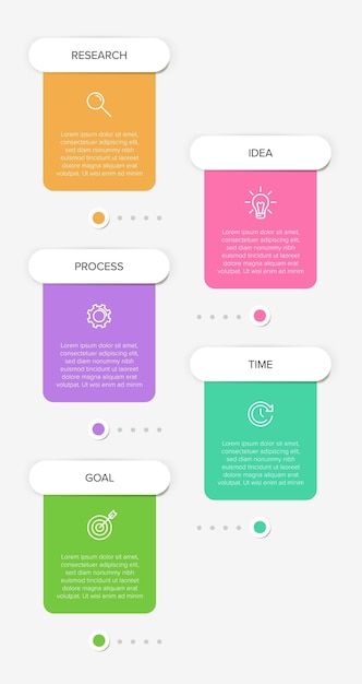 Design infográfico vertical com ícones e 5 opções ou etapas